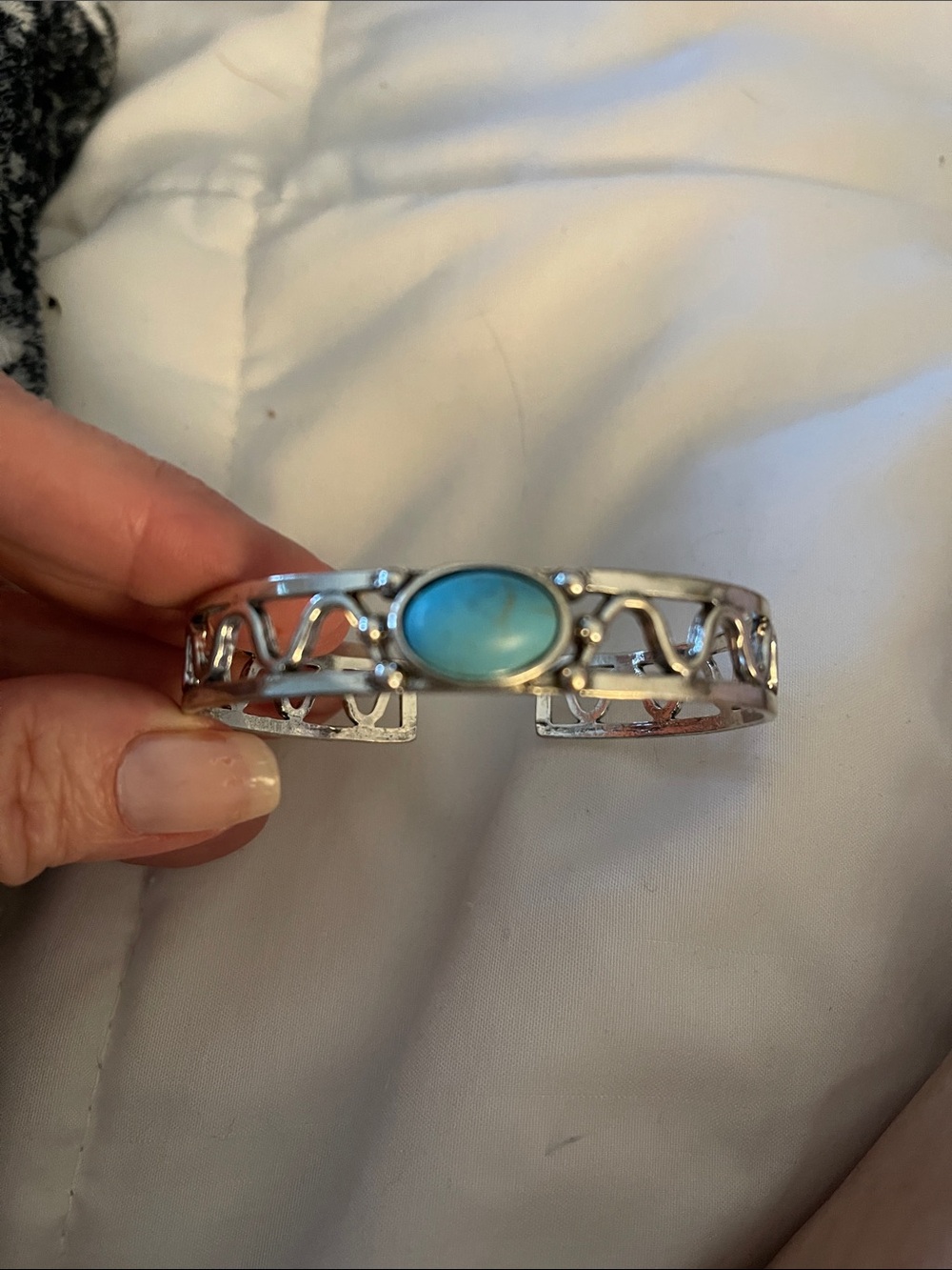 Silver Open Cuff Bracelet with Blue Oval Stone